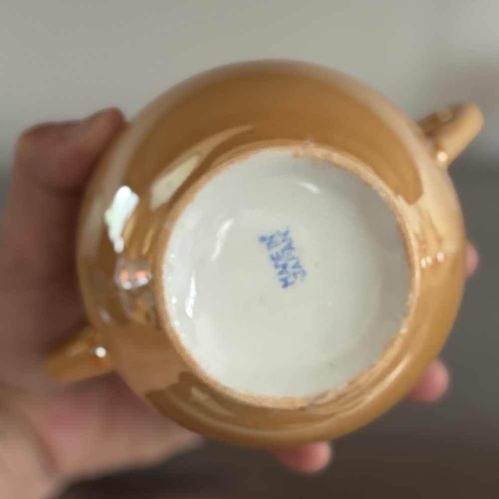 Vintage Orange Yellow Gold Luster ware Iridescent Teapot And Sugar Made In Japan - Picture 16 of 16